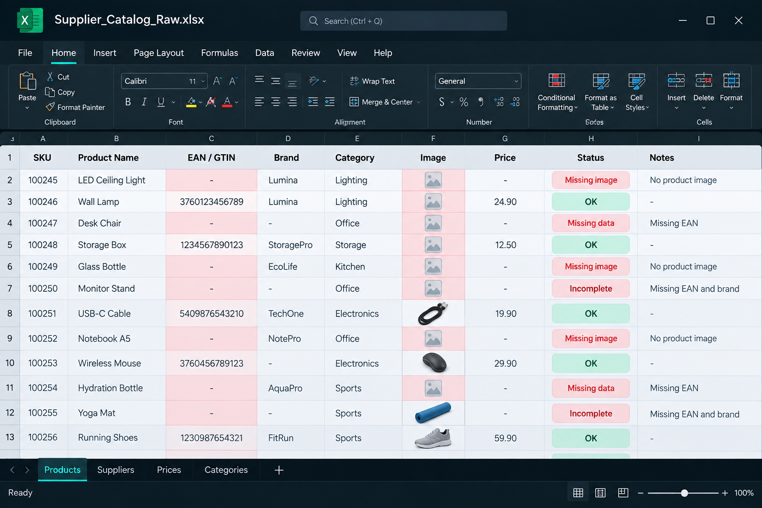 Incomplete supplier catalog with missing product images and identifiers