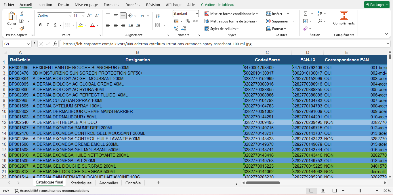 Large supplier spreadsheet used as the source catalog for product data recovery